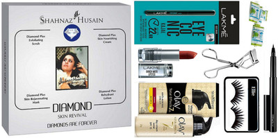 

Ellie Eyelashes With Shahnaz Husain Diamond Facial Kit & Eyeconic Kajal With Inrich Lipstick & Magic Napkin Pack of 3 & Olay Anti Ageing Cream & Pen Eyeliner,Eyelashes Curler(Set of 10)