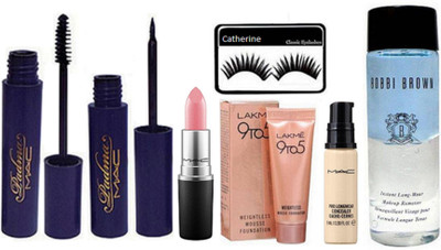 

catherine eyelashes, Mac padme eyeliner and mascara with finish matte lipstick, pro long wear concealer, lakme 9to5 mousse foundation, bobbi brown makeup remover(Set of 7)