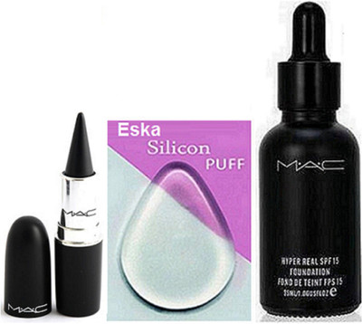 

eska Silicon Puff , Mac Hyper Real foundation, Stick kajal(Set of 3)