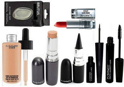 

brutus Silicon Puff,MacStudio Waterweight Foundation,Stick Concealer & Kajal With Eyeliner & Mascara With Lakme Enrich Lipstick(Set of 7)