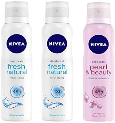 

Nivea 2 Fresh Natural 1 Pearl Beauty Deodorant Spray - For Women(450 ml, Pack of 3)