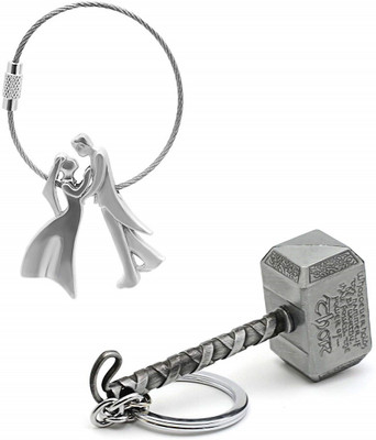 kd collections KD377-Thor Hammer Metal Keychain & Dancing Wired Couple Metal Keychain Combo|Silver Color Key Chain