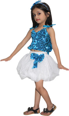 KAKU FANCY DRESSES Western Dance Dress Skirt Top Costume Set -Blue-Silver, 7-8 Years, For Girls Kids Costume Wear
