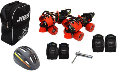

Jaspo Tenacity Red Intact Adjustable Senior Roller Skates Combo Suitable for Age Group 6 to 14 Years (Skates+ Helmet + Knee Guard+ Elbow Guard + Bag+Key) Skating Kit