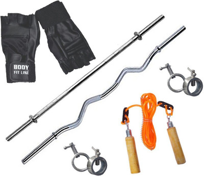

StepInnStore PERFECT* Curl Bar , Straight Bar, Gym Gloves, Skipping Rope + Locks Gym & Fitness Kit