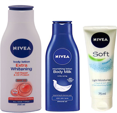 

Nivea 1 BODY MILK NOURISHING LOTION 120ML+1 SOFT LIGHT MOISTURIZER 75ML+1 EXTRA WHITENING CELL REPAIR SPF15 BODY LOTION 200ML(120 ml)