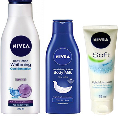 

Nivea 1 BODY MILK NOURISHING LOTION 120ML+1 SOFT LIGHT MOISTURIZER 75ML+1 WHITENING COOL SENSATION 200ML(120 ml)