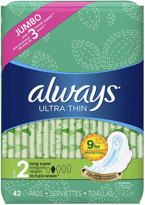 

Always Ultra Thin, Size 2, Super Pads With Wings, Unscented, 42 Count (Pack of 3) Sanitary Pad(Pack of 42)
