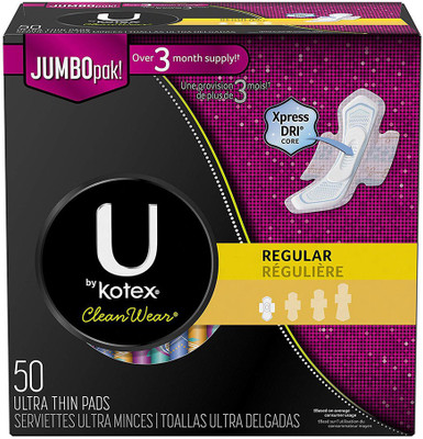

Kotex CleanWear Ultra Thin Pads Wings, Regular, Fragrance-Free, 50 Count Sanitary Pad(Pack of 50)