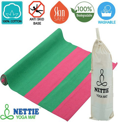 

NETTIE Supreme Anti-Skid: Organic Rubber Base Handloom Cotton with Carry Bag Green 4 mm Yoga Mat, Yellow & blue