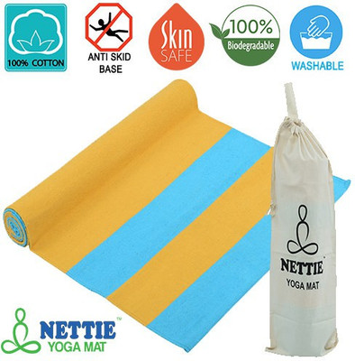 

NETTIE Supreme Anti-Skid: Organic Rubber Base Handloom Cotton with Carry Bag Yellow 4 mm Yoga Mat, Green & pink
