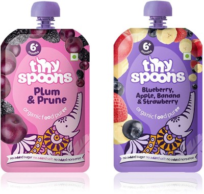 

Tiny Spoons Baby's 100% EU Certified Organic Food Puree with Blueberry +Apple +Banana +Strawberry | Plum + Prune for 6 months, 120gm each -Pack of 2 Cereal(250 g, Pack of 2, 1)