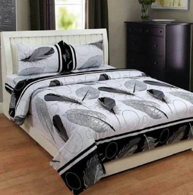 ELEGANCEFABS 140 TC Polycotton Double Floral Fitted & Flat Bedsheet(Pack of 1, white black)