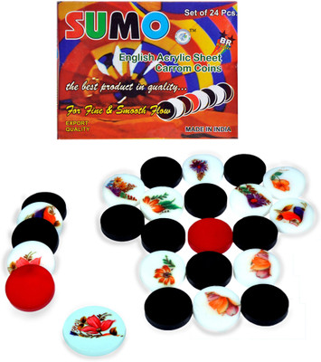 

STC Sumo 6MM Acrylic Printed Carrom Coins With free Printed Striker Carrom Pawns(Pack of 25)
