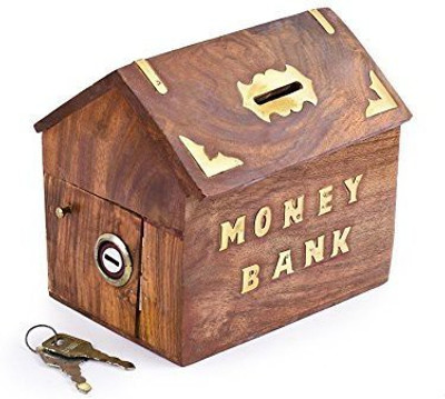 

IndiaBigShop Elegant Indian Handmade Wooden Money Bank In Hut Shape With Decorative Work 4 X 4 Inch Coin Bank(Multicolor)