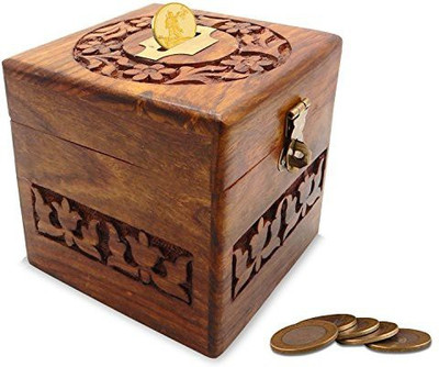 

Genrc Khandekar (With Device Of K) Beautiful Indian Handmade Wooden Money Bank In Square Shape Carving Work With Coin Slot For Kids 4 Inch Coin Bank(Multicolor)