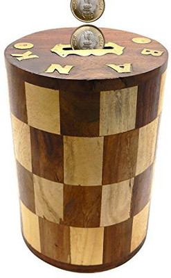 

Genrc Khandekar Wooden Money Bank Checks Design Round Shape For Coin Organizer Storage Piggy Bank For Kids Or Gifts Purpose Coin Bank(Multicolor)