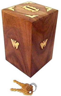 

Genrc Christmas Or Thanks Giving Day Gift, Wooden Coins Storage Box, Wooden Piggy Bank, Square Money Bank With Butterfly Inlay On Two Sides And Lock To Store Your Money, Wooden Toy Bank, Measures 5 Inch Coin Bank(Multicolor)