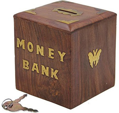 

IndiaBigShop Handmade Square Shape Coin Box Butterfly Inlay Piggy Bank Wooden Money Box Safe Piggy Bank For Kids & Adults 4.5 Inch Coin Bank(Multicolor)