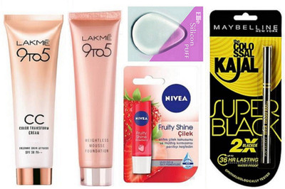 

ellie Silicon Puff With Lakme 9to5 CC Cream & Mousse Foundation With Lip Balm & Super Black Kajal(Set of 5)
