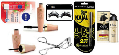 

ellie Eyelashes With Lakme 9to5 Eyeliner & mascara With Eyelashes Curler & Super Black Kajal & Lip balm,Olay Cream(Set of 7)