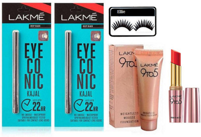 

ellie Eyelashes With Lakme 9to5 Primer +matte Lipstick & Mousse Foundation,Eyeconic Kajal Pack Of 2(Set of 5)