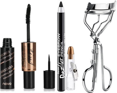 

Novo Long Lasting Quick Dry 2 in 1 Dense Mascara + Liquid Eye Liner+Eye Brow pencil+Eye lashes Curler(Set of 3)