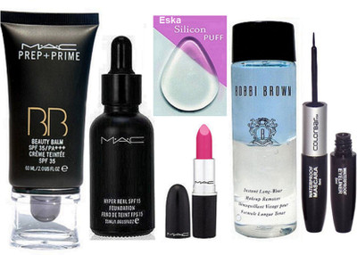 

eska Silicon Puff , Mac Hyper Real foundation, Candy Yum-yum Lipstick & Bobbi Brown Insta Liquid MakeUp Remover, Mac Prep-Prime BB Beauty Balm Cream & Color Bar 2 in 1 Eyeliner+Mascara(Set of 6)