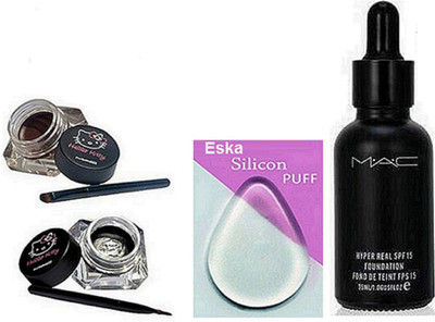 

eska Sponge Puff , Mac Hyper Real foundation, Hello Kitty Blam Eyeliner(Set of 4)