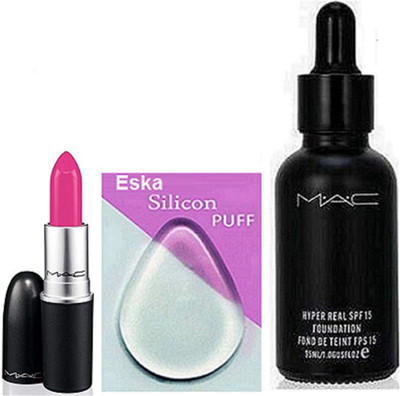 

eska Sponge Puff , Mac Hyper Real foundation, Candy Yum-Yum Lipstick(Set of 3)
