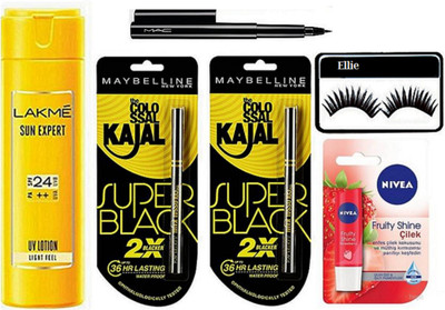 

ellie Eyelashes With Lakme Body Lotion & Super Black Kajal Pack Of2 & Lip balm,Pen Eyeliner(Set of 6)