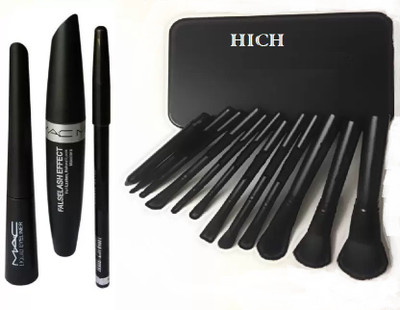 

hich 12 Peice Makeup Brush Set & MAC Liquid Eye Liner & Mac Mascara & Mac Eyebrow Pencil (MAC 3 in 1)(Set of 4)