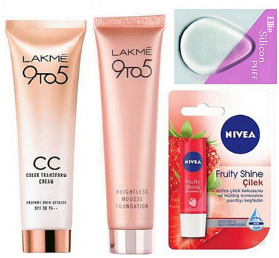 

ellie Silicon Puff With Lakme 9to5 CC Cream & Mousse Foundation With Lip Balm(Set of 4)