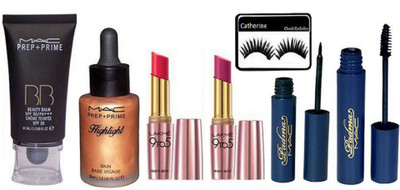 

catherine eyelashes, mac prep+prime BB Cream, highlighter, padma eyeliner & mascara, lakme 9to5 lipstick pack of 2(Set of 7)