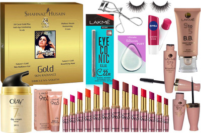 

Ultimate Silicon Puff With Gold Facial kit & Olay Cream,Liquid Eyeliner & Mascara & Eyeconic Kajal & Lip Balm With Eyelashes & Eyelashes Curler,Mousse Foundation,Lipstick 12 Diffrent Shades, Cream(Set of 23)