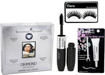 

tiara Eyelashes & Shahnaz Husain Diamond Faical Kit , color Bar 2 in 1 Mascara & Eyeliner , Eyelashes glue(Set of 4)