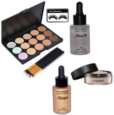

Pink Rebellion Eyelashes & Mac 15 shade Concealer Palette & Skin Base Highlight & Prep+Prime Primer Oil & Loose powder With Makeup Brush(Set of 9)