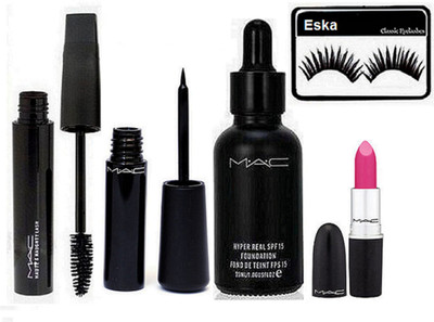 

eska Eyelashes , Mac Hyper Real foundation, Haute And Naughty Blam Mascara,Liquid Last Eyeliner, Candy Yum-yum Lipstick(Set of 5)