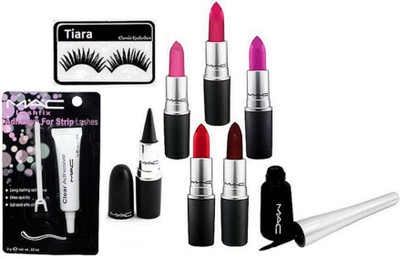 

tiara Eyelashes , Eyelashes glue ,Lipstick Pack of 5 , Stick kajal , Eyeliner(Set of 9)