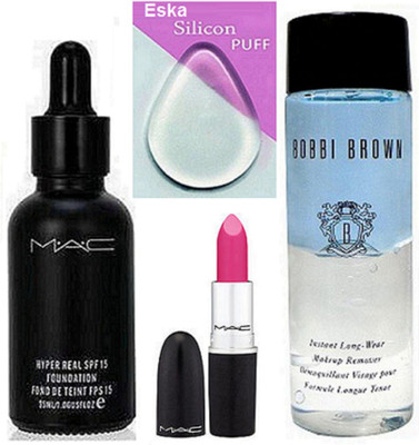 

eska Silicon Puff , Mac Hyper Real foundation, Candy Yum-yum Lipstick & Bobbi Brown Insta Liquid Make Up Remover(Set of 4)