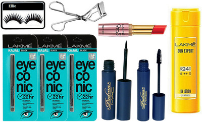 

Ellie Eyelashes With mac Padhma Eyeliner & Mascara & Eyeconic Kajal Pack Of 3 & Eyelashes Curler & Lakme Body Lotion & Primer+matte Lipstick(Set of 9)