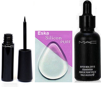 

eska Silicon Puff , Mac Hyper Real foundation, Liquid Last Eyeliner(Set of 3)
