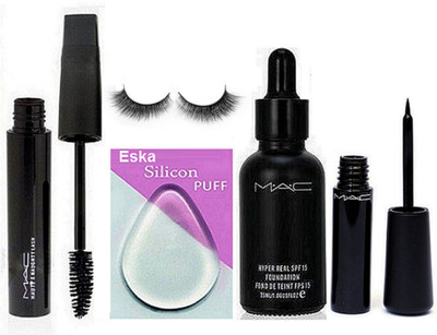 

eska Silicon Puff , Mac Hyper Real foundation, Haute And Naughty Blam Mascara,Liquid Last Eyeliner, Eyelashes(Set of 5)