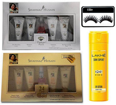 

ellie Eyelashes With Shahnaz Husain Gol d& Diamond Facian kit & Lakme Body lotion(Set of 4)