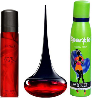 

Oriflame Sweden love potion eau de perfume 50 ml and one love potion body spray 75 ml with one sparkle perfume 150 ml(Set of 3)