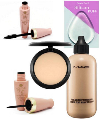 

Power point Slicon Puff & Mac Face & Body Foundation & Compact & lakme 9 to 5 Eyeliner & Mascara(Set of 5)