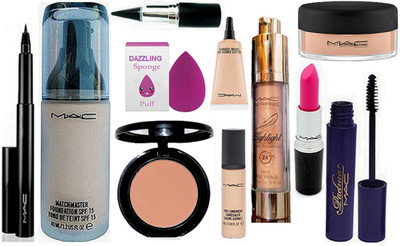 

DAZZLING Sponge Puff & Mac Matchmaster Foundation & Cpmpact & Select Cover-Up & Pro Longwear Concealer & Pen Eyeliner & Highlighter & Stick Kaj & Mac Pink Lipstick & Padma Mascara & Loose Powder(Set of 11)