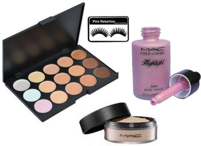 

Pink Rebellion Eyelashes & Mac 15 shade Concealer Palette & Loose Powder With Skin Base Visage Highlight(Set of 4)