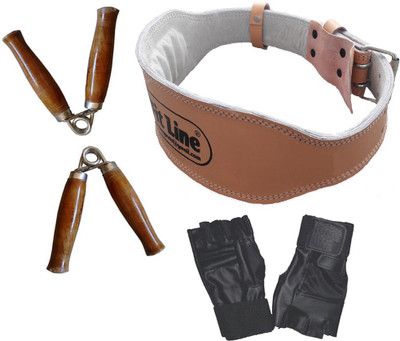 StepInnStore SOLID LEATHER GYM BELT + GYM GLOVES + WOODEN HAND GRIP Gym & Fitness Kit