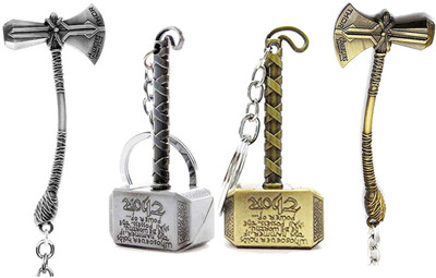 kd collections KD379-Avengers Infinity War Thor Stormbreaker Hammer Combo Antique Silver Grey & Antique Golden Color Metal Keychain (Pack of 4 Keychains) Key Chain